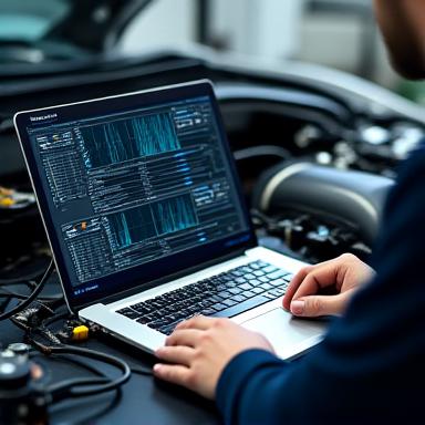 Mechanic tuning engine parameters on laptop