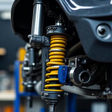 Close up of performance coilover suspension